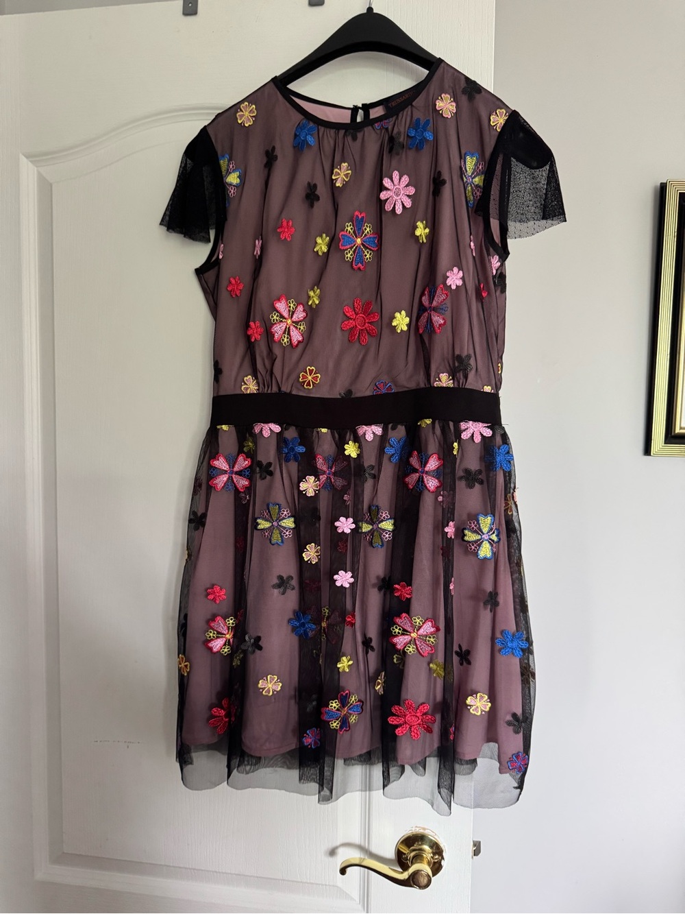 Trussardi Black Mesh Dress with Multicolor Floral Appliqués